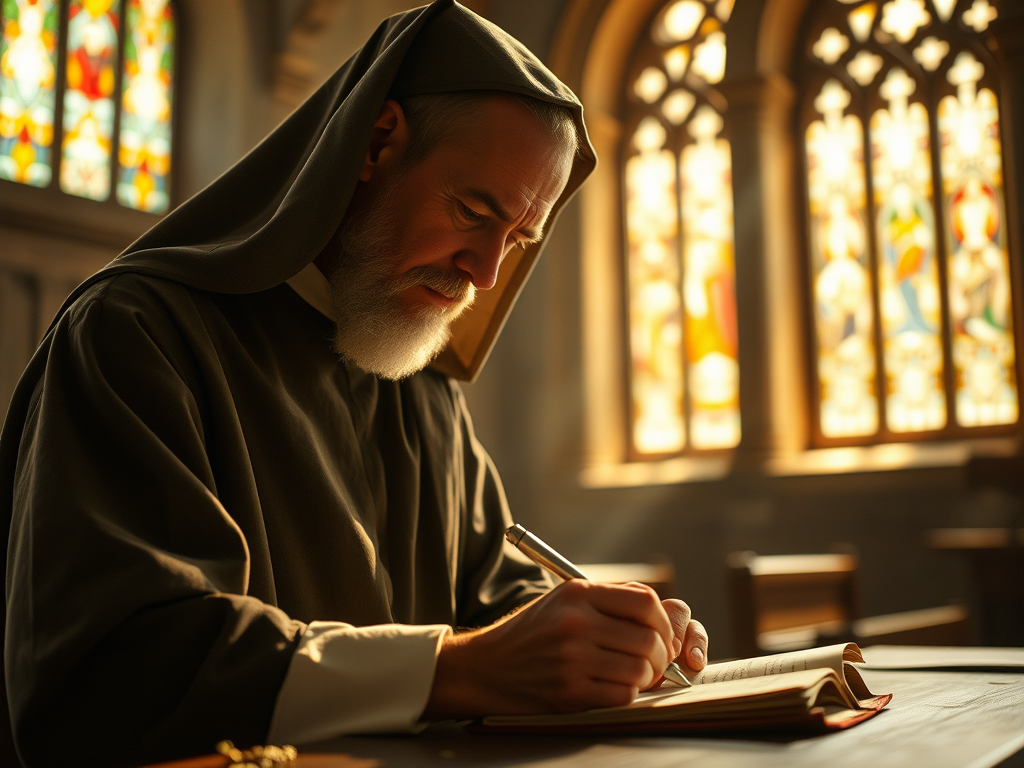 Representación de Gonzalo de Berceo escribiendo en el monasterio.