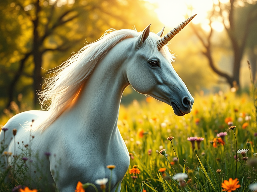 Unicornio. Caballo blanco con un cuerno único en la frente