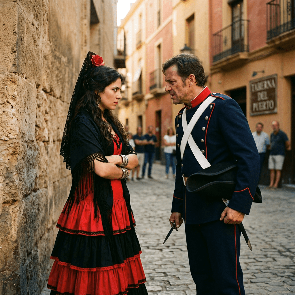 Woman in red and black traditional dress with flower in hair facing soldier in historical uniform holding dagger