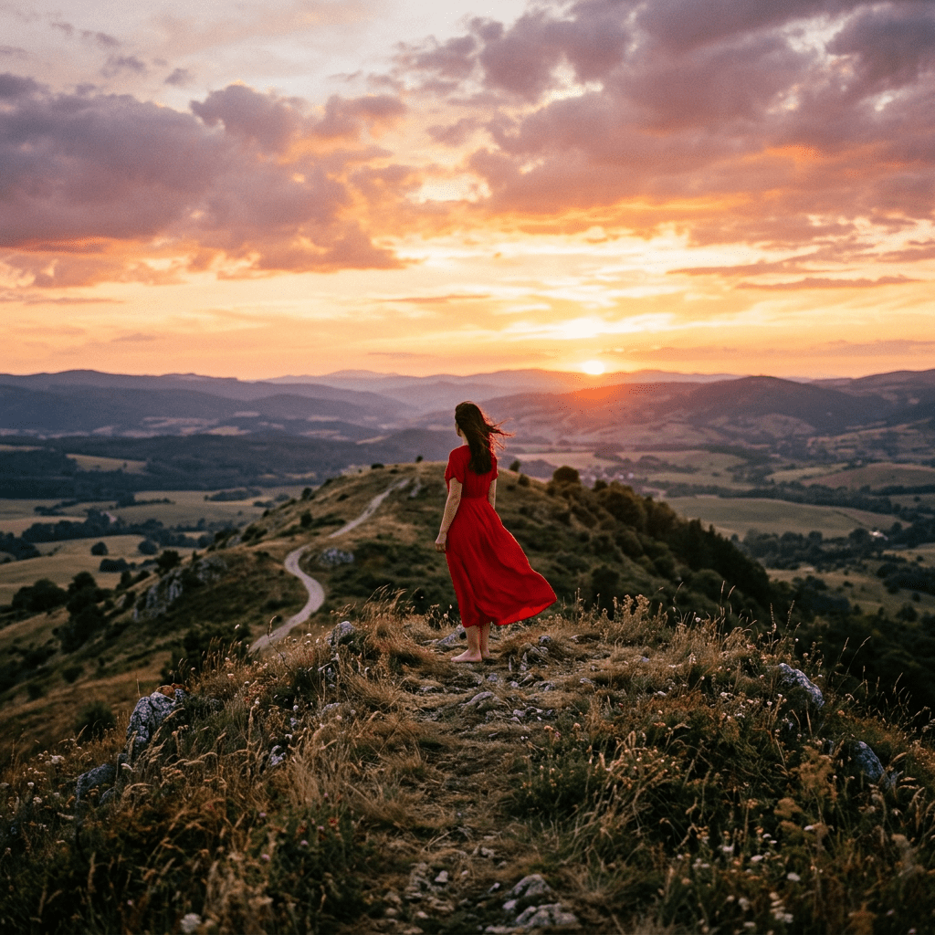 Solitary woman in red dress at sunset hill